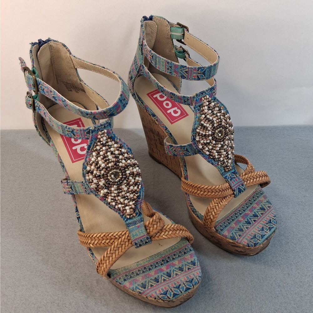 pop Multicolor Beaded Strappy Espadrille Wedge Sandals - Picture 1 of 11